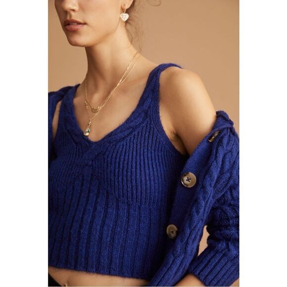 NEW Anthropologie Blue Hooded Cable-Knit Tank Top & Cardigan Sweater Set Large - Picture 4 of 6